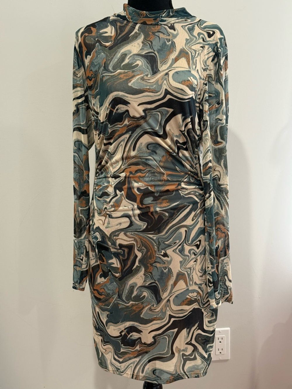 Fashion Nova Marble Swirl Long Sleeve Dress in Teal, Cream & Brown